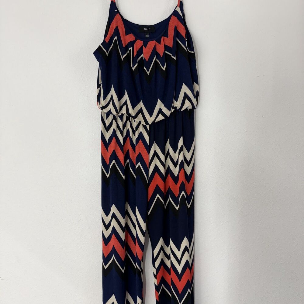 Naif Womens Romoer Jumpsuit Large Blue Chevron Striped Casual Summer Breathable
